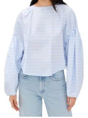 NWOT Citizens of Humanity Women's Light Blue & White Anika Top Sz M Puff Sleeve